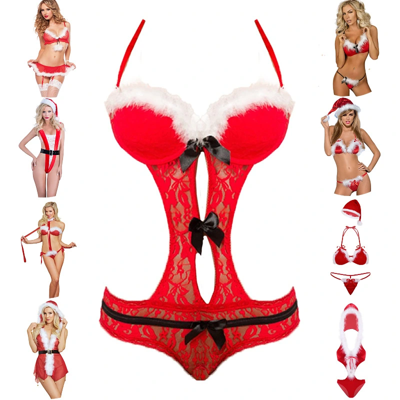 Women Christmas Lingerie Set with Underwire Santa Strappy Teddy Naughty Furry 2 Piece Lace Lingerie Set - Image 8