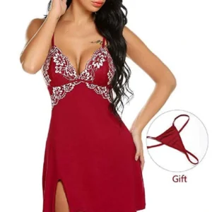 Nightie Lingerie Beauty Back Dress Lace Nightgown V-neck Peignoir Sleepwear Strap Night Shirt with Thong Sexy Nightwear Women