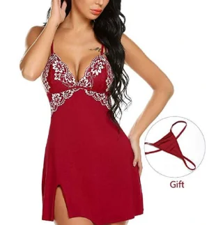 Nightie Lingerie Beauty Back Dress Lace Nightgown V-neck Peignoir Sleepwear Strap Night Shirt with Thong Sexy Nightwear Women