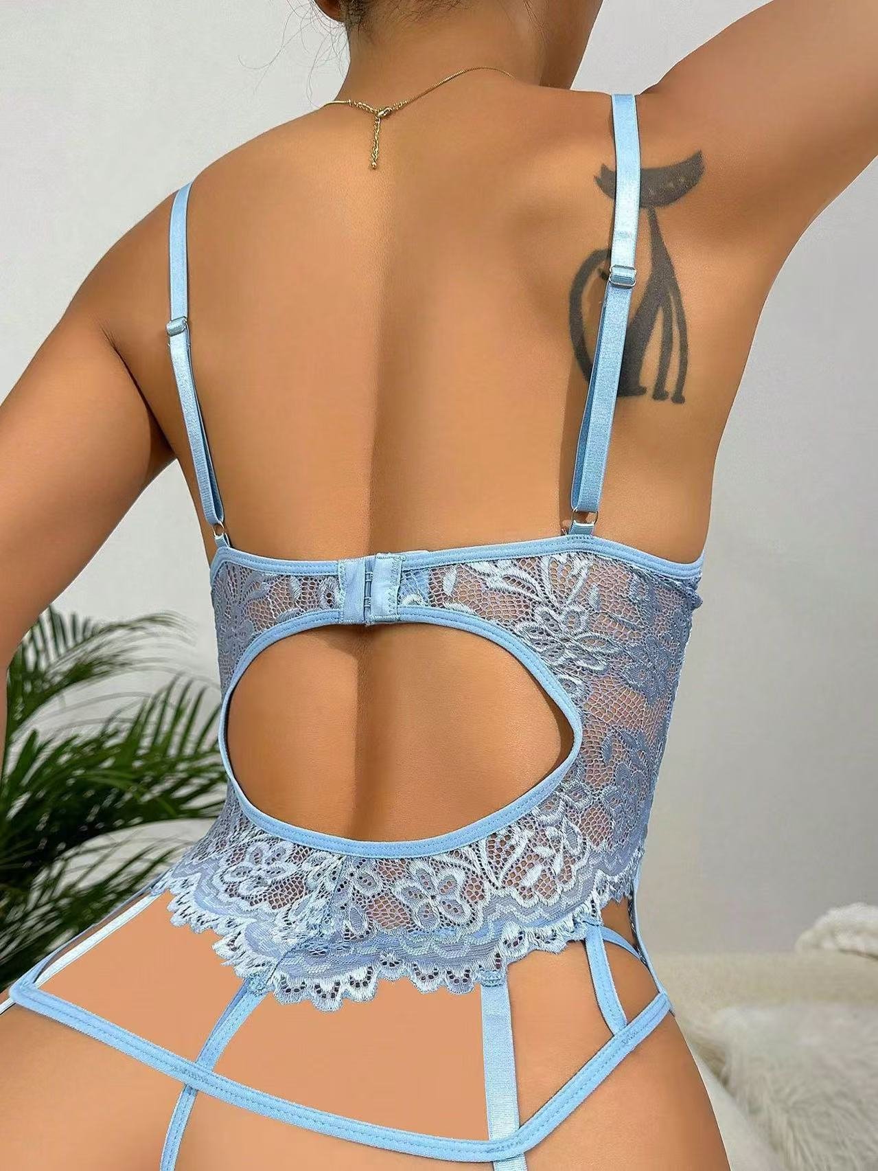 Women Sexy Lingerie Set Solid Mesh Lace Patchwork Underwear Set with Garter Belts Hot Erotic Costumes Halter Bra Set - Image 8